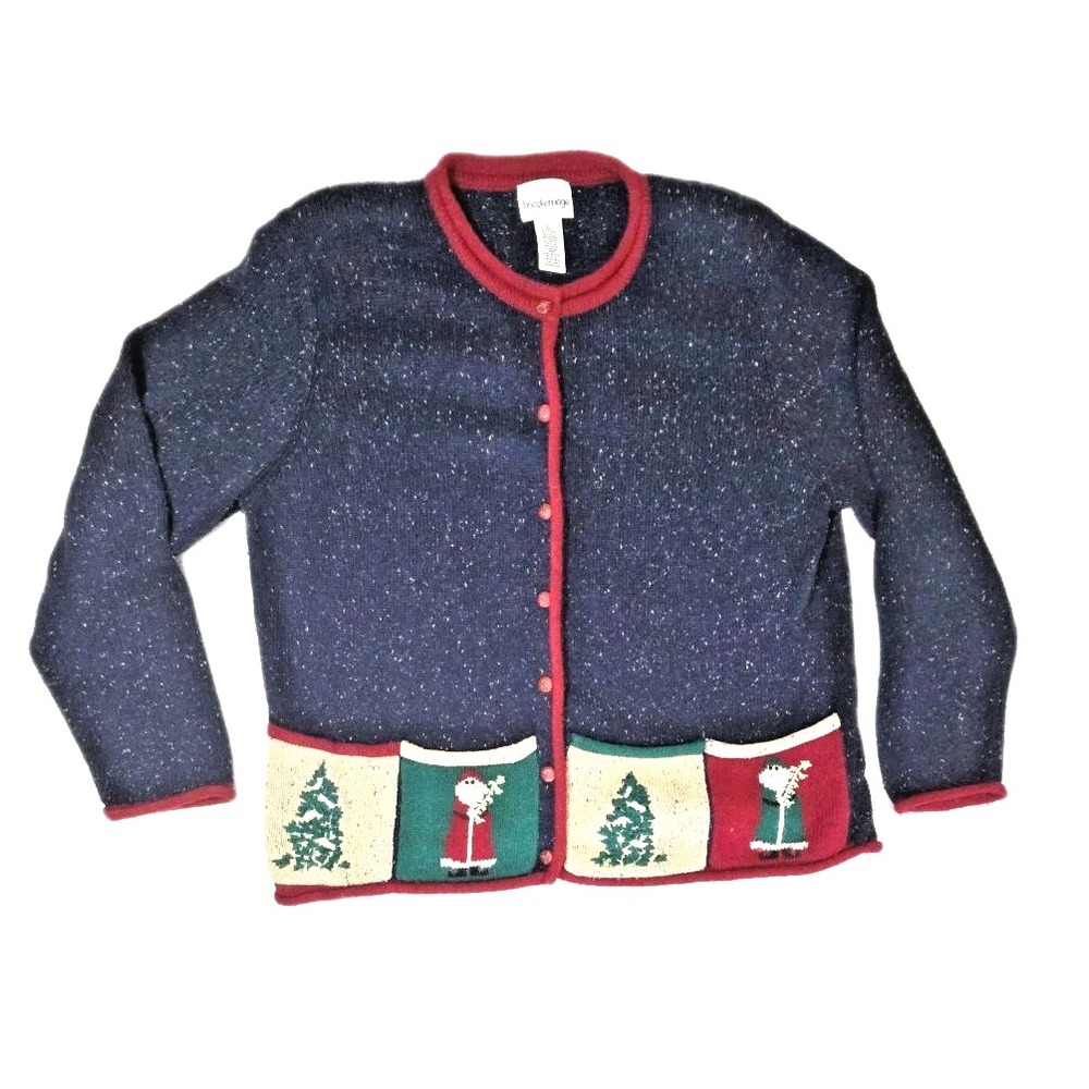 VTG Breckenridge Roll Neck Christmas Cardigan Sweater Santa Tree Embroidered XL